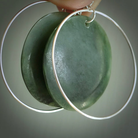 Hand carved large New Zealand Kawakawa jade circle earrings. Made by NZ Pacific from real jade. Online jewellery for sale online by NZ Pacific.