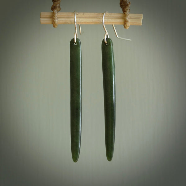 Hand carved large New Zealand jade drop earrings. Made by NZ Pacific from real jade. Online jewellery for sale online by NZ Pacific. Large sized Jade drop earrings hand carved by New Zealand carver Ric Moor.