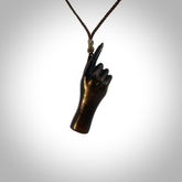 Hand carved hard wood number one hand pendant. Carved by NZ Pacific and for sale online. Unique, handmade jewellery.