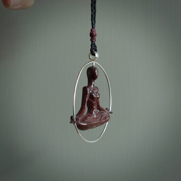 Red Jasper Stone meditating female pendant. Australian Black Jade meditating female pendant Handmade black jade and Jasper jewellery made by NZ Pacific and for sale online. Jasper stone meditating female for men and women. Unique art to wear from NZ Pacific.