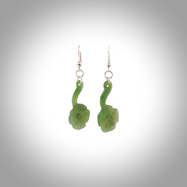 New Zealand Jade four leaf clover earrings. Good luck earrings hand carved in jade. Irish four leaf clover jade earrings, one pair only. Delivered with express courier.