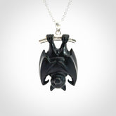 Hand carved black jade bat pendant with sterling silver