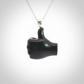 Black Jade thumbs up pendant with Sterling Silver bale and chain.