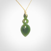 Hand carved New Zealand jade twist pendant. Carved in New Zealand by NZ Pacific. Unique double twist jewellery for sale online. Provided with an adjustable cord.