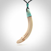 Hand carved Boars Tusk pendant with turquoise and copper. Engraved large boars tusk pendant. Unisex necklace hand carved by Andrew Doughty here in New Zealand. Unique art to wear. Delivered with an adjustable black cord.