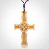 Hand carved bone Celtic cross pendant with jade inlay
