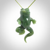 Hand carved jade frog pendant. Hand made amphibian necklace, carved from Jade