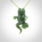 Hand carved jade frog pendant. Hand made amphibian necklace, carved from Jade