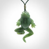 Hand carved jade frog pendant. Hand made amphibian necklace, carved from Jade