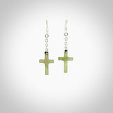 Hand carved small Nephrite jade cross earrings. Made by NZ Pacific from real jade. Online jewellery for sale online by NZ Pacific.