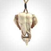 This is a triple elephant pendant, carved in a Deer Antler. The cord is length adjustable. Provided in a woven kete pouch and delivered with express courier.