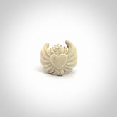 Hand carved deer antler bone winged heart ring.