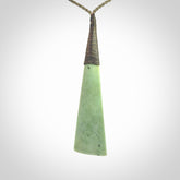 One only larger sized New Zealand jade drop pendant. Hand carved in New Zealand by Donna Summers, jade artist, for NZ Pacific. Provided with Khaki adjustable cord.