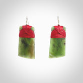 Hand crafted large, New Zealand Jade Totoweka toki earrings with Sterling Silver Hooks. Jade toki earrings, packaged in a woven kete pouch.