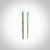 Hand crafted New Zealand Jade Inanga Jade drop earrings with Sterling Silver Hooks. Jade drop earrings, packaged in a woven kete pouch.