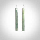 Hand crafted large, New Zealand Inanga Jade drop earrings with Sterling Silver Hooks. Jade drop earrings, packaged in a woven kete pouch.