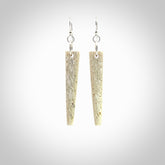 Hand carved large whalebone drop earrings hand made by Kristal Thompson. One only large whale bone drop earrings. Real whale bone art to wear. Free Shipping worldwide. One pair only, delivered in a kete pouch.