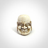 Hand carved Hotei good fortune ring. Made from Red Deer antler in New Zealand. Hand made from deer antler by master bone carver Fumio Noguchi. Spectacular collectable work of art, made to wear. One only ring, delivered to you with express courier.