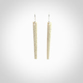 Hand carved medium whalebone drop earrings hand made by Kristal Thompson. One only large whale bone drop earrings. Real whale bone art to wear. Free Shipping worldwide. One pair only, delivered in a kete pouch.