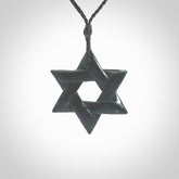 Star of David pendant hand carved from New Zealand Green Jade. Made by NZ Pacific and for sale worldwide. Postage is included in the price.