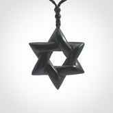 Hand carved Australian Black Jade Magen David pendant. Hand made Black Jade Star of David necklace.