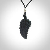 Hand carved black fern pendant. Handmade by NZ Pacific. Black fern necklace, jewellery from Australian black jade.
