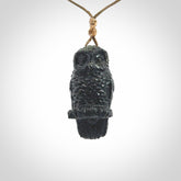 A traditional Owl design carving, hand made for us from Australian Black Jade. This is a work of art and is a collectable piece of traditional Black Jade carving. It can be worn as a special piece of jewellery or displayed. This is art made to wear at its finest. A unisex pendant for owl lovers. This pendant is provided with an adjustable cord.