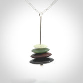 Snow Jade, Jasper, Black Jade and Green Jade stone stack pendant with sterling silver chain.
