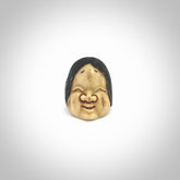 Hand carved Otafuku face ring. Made from Red Deer antler in New Zealand. Unique Otafuku ring hand made from deer antler by master bone carver Fumio Noguchi. Spectacular collectable work of art, made to wear. One only ring, delivered to you at no extra cost with express courier.