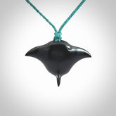 Hand carved manta ray pendant. Black jade manta pendant hand carved by NZ Pacific. Black jade jewellery for sale online.