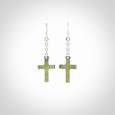 Hand carved small Nephrite jade cross earrings. Made by NZ Pacific from real jade. Online jewellery for sale online by NZ Pacific.