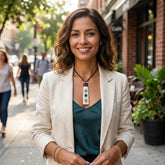 Woman wearing bone toki pendant