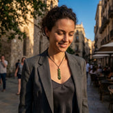 Woman wearing jade twist pendant
