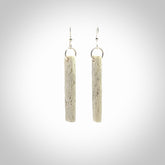 Hand carved large whalebone drop earrings hand made by Kristal Thompson. One only large whale bone drop earrings. Real whale bone art to wear. Free Shipping worldwide. One pair only, delivered in a kete pouch.