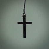 Black jade christian cross pendant. Hand carved in New Zealand.