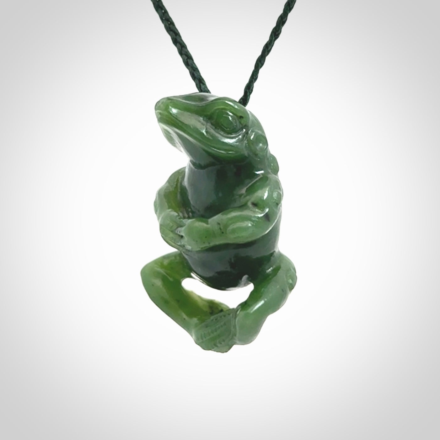 Hand carved frog pendant. Carved in British Columbian jade by NZ Pacific.