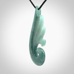 Hand carved large Guatemalan Jade shell koru drop pendant.