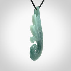 Hand carved large Guatemalan Jade shell koru drop pendant.