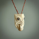 Hand carved Wheku pendant. Carved from deer antler by NZ Pacific. Hand crafted bone jewellery for sale online.