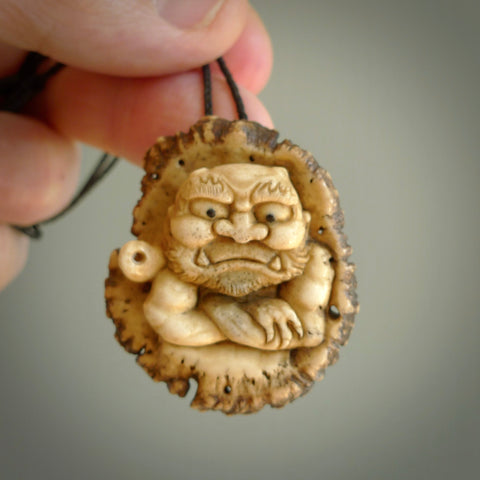 Hand carved ONI NI KANABO Pendant. Made from Red Deer antler in New Zealand. Unique Japanese necklace hand made from deer antler by master bone carver Fumio Noguchi. Spectacular collectable work of art, made to wear. One only pendant, delivered to you at no extra cost with express courier.