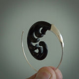 Hand carved hoop earrings, made from Black Jade with sterling silver. An NZ Pacific design.