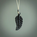 Hand carved black fern pendant. Handmade by NZ Pacific. Black fern necklace, jewellery from Australian black jade.