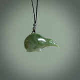 Hand carved Jade kiwi pendant for lovers of birds. Hand made kiwi necklace with black adjustable cord. Unique gifts and Art to Wear by NZ Pacific.