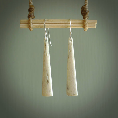 Hand carved medium whalebone drop earrings hand made by Amanda Thompson. One only medium whale bone drop earrings. Real whale bone art to wear. Free Shipping worldwide. One pair only, delivered in a kete pouch.