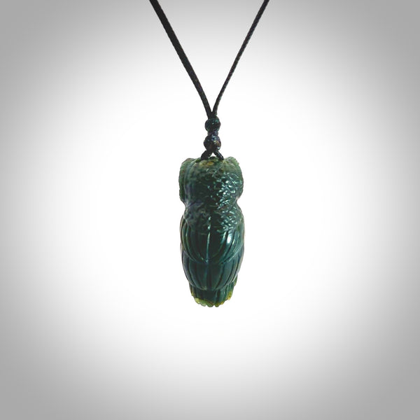 A traditional Owl design carving, hand made for us from Jade. This is a work of art and is a collectable piece of traditional Jade carving. It can be worn as a special piece of jewellery or displayed. This is art made to wear at its finest.