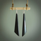 Hand carved Black Jade drop Earrings by Amanda Thompson. Made by NZ Pacific and for sale online. Black Jade, Hand made Jewellery made in New Zealand. Free delivery worldwide.