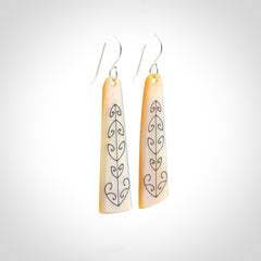Hand carved New Zealand mother of pearl drop, Koru earrings.