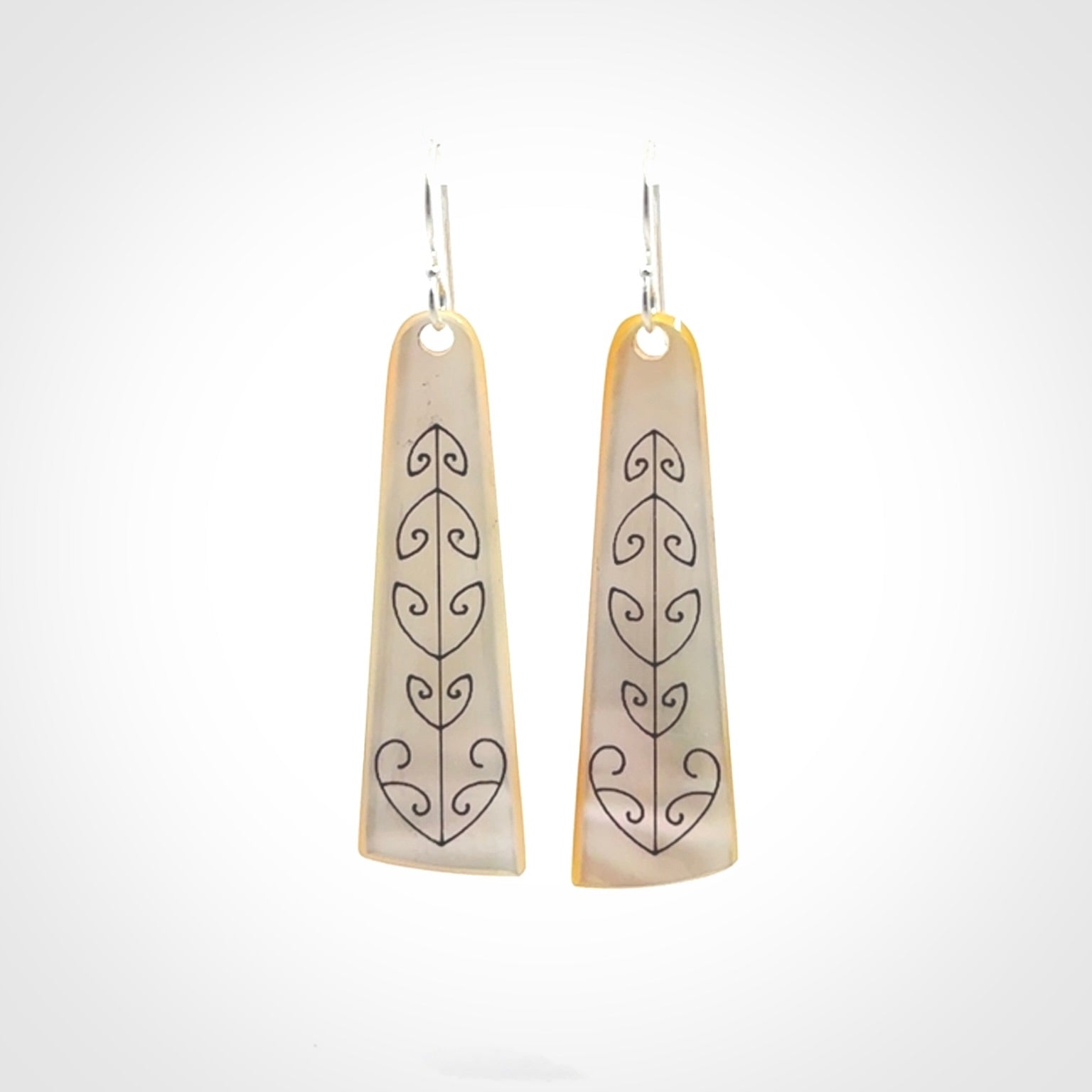 Hand carved New Zealand mother of pearl drop, Koru earrings.