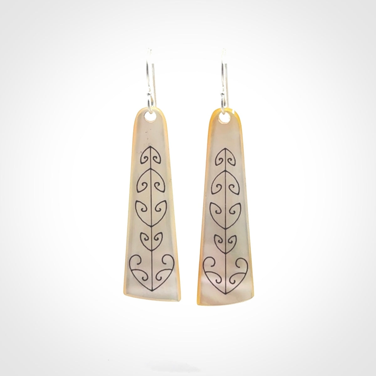 Hand carved New Zealand mother of pearl drop, Koru earrings.