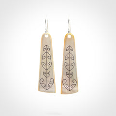 Hand carved New Zealand mother of pearl drop, Koru earrings.